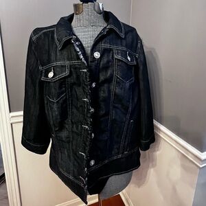 Womans dark indigo blue Denim detailed trim long Jacket - size 2x